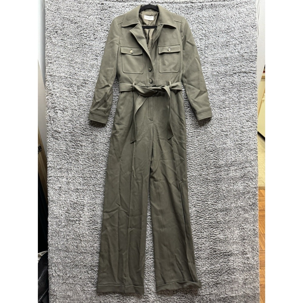 Saint Laurent Herringbone Belted Virgin Wool‎ V Neck Jumpsuit in Olive Green 40